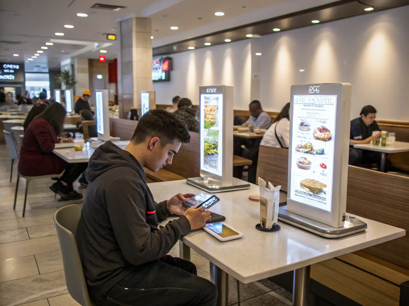 A cozy café setting with patrons using MONSTER CHARGE stations at tables, highlighting the convenience and appeal of the service in a relaxed environment.