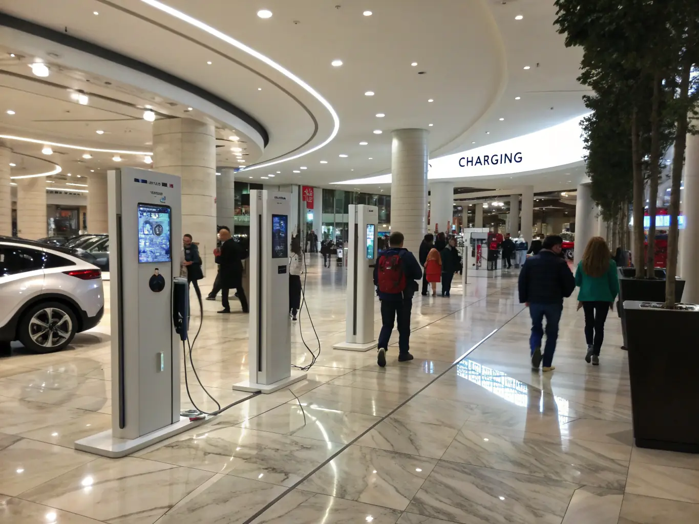 A brightly lit, modern shopping mall interior with a MONSTER CHARGE station prominently displayed near a seating area, showcasing its accessibility and convenience for shoppers.